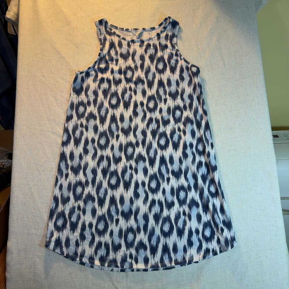 Crown & Ivy Sleeveless Shift Dress Ikat Leopard Blue White Women's Size Large